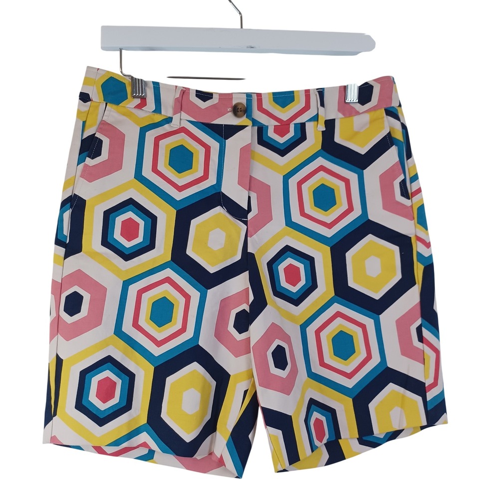 Boden Richmond Shorts Womens 8L Pink Yellow Blue Hexagon Geometric Retro Mod